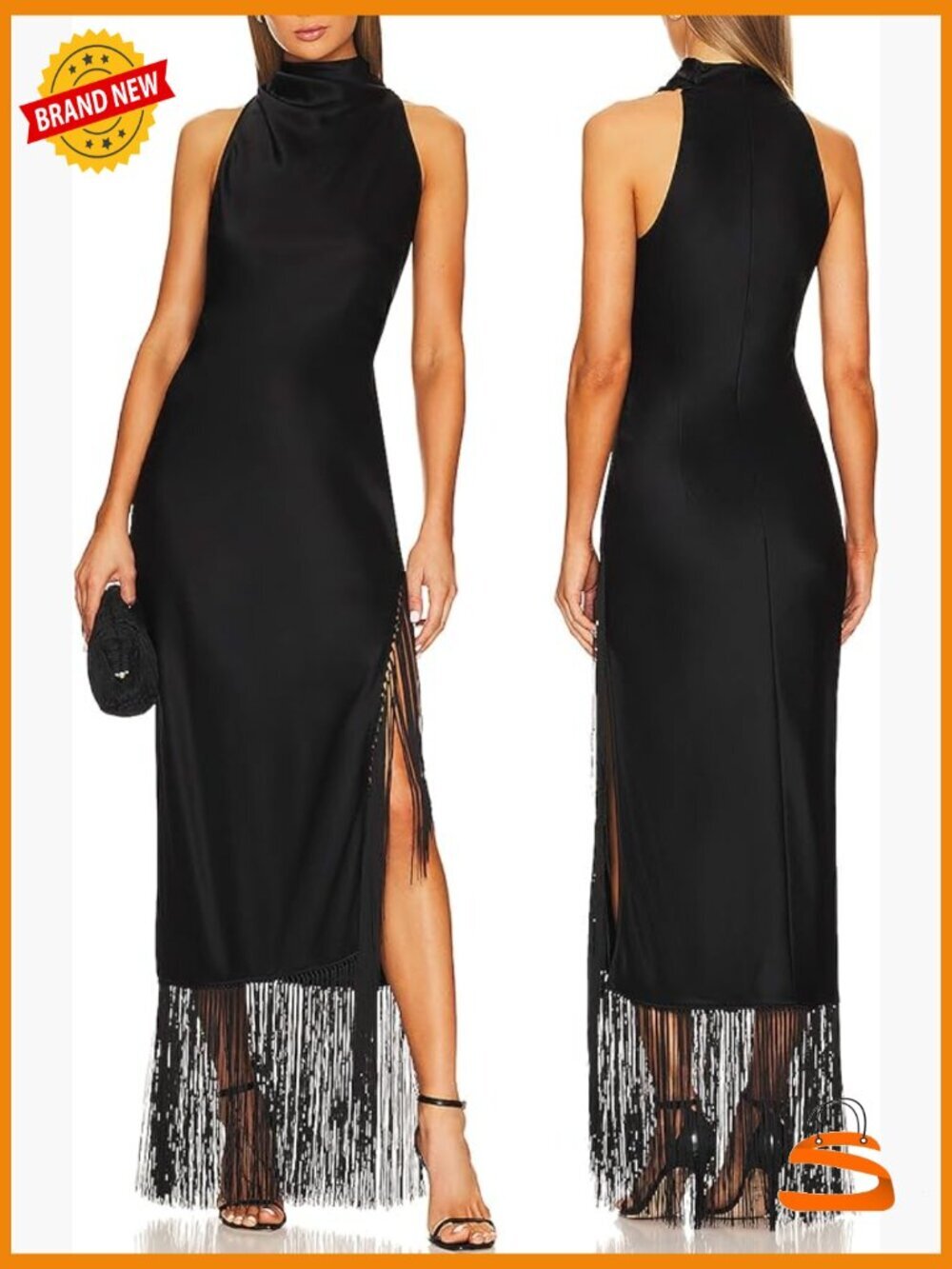 High Neck Maxi Dress 1920s Gatsby Flapper Tassels Split Formal